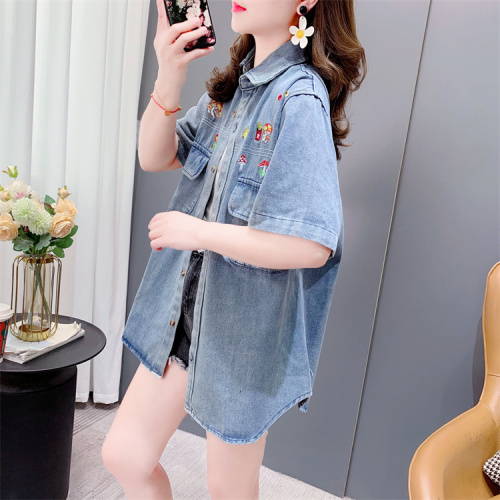 韩版短袖牛仔衬衫女夏季新款宽松大码洋气设计感毛边复古上衣