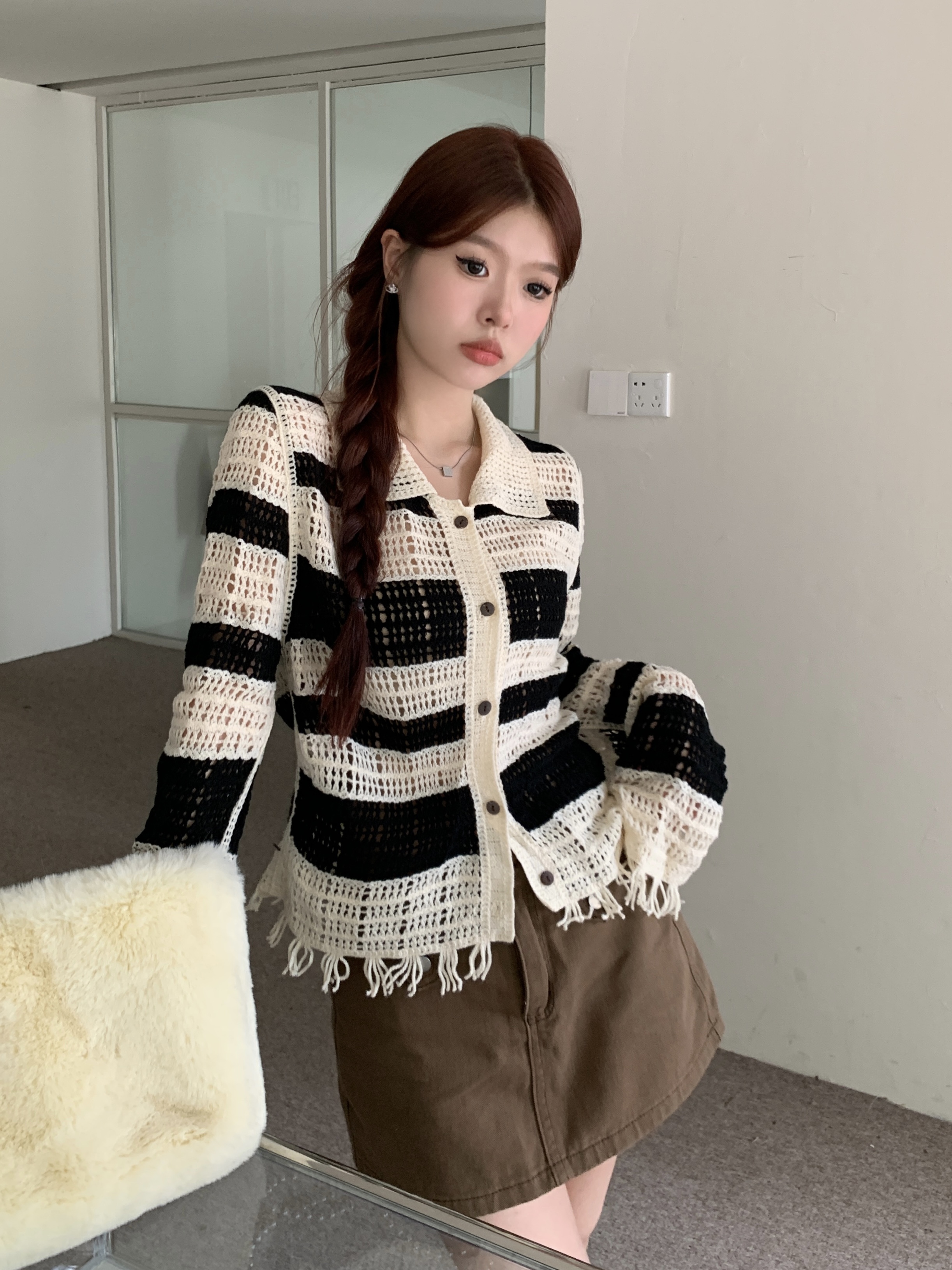Actual shot of early spring striped hollow design niche retro splicing tassel long-sleeved knitted jacket