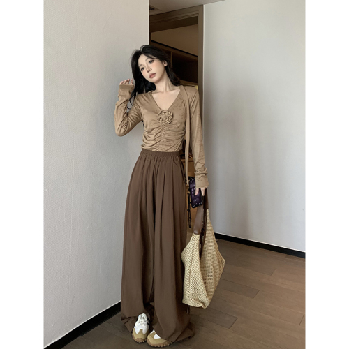 Actual shot!! 2024 new loose slimming wide-leg pants elastic high-waisted straight solid color casual pants for women