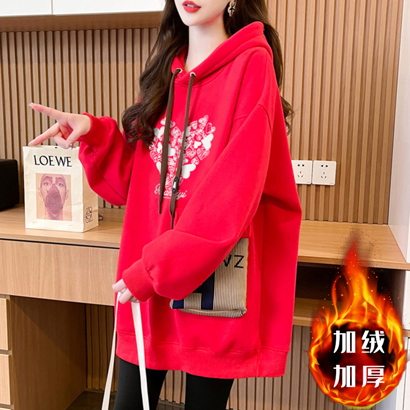 First imitation Chinese cotton velvet plus velvet thickened three-dimensional bag 2024 New Year hooded sweatshirt for women