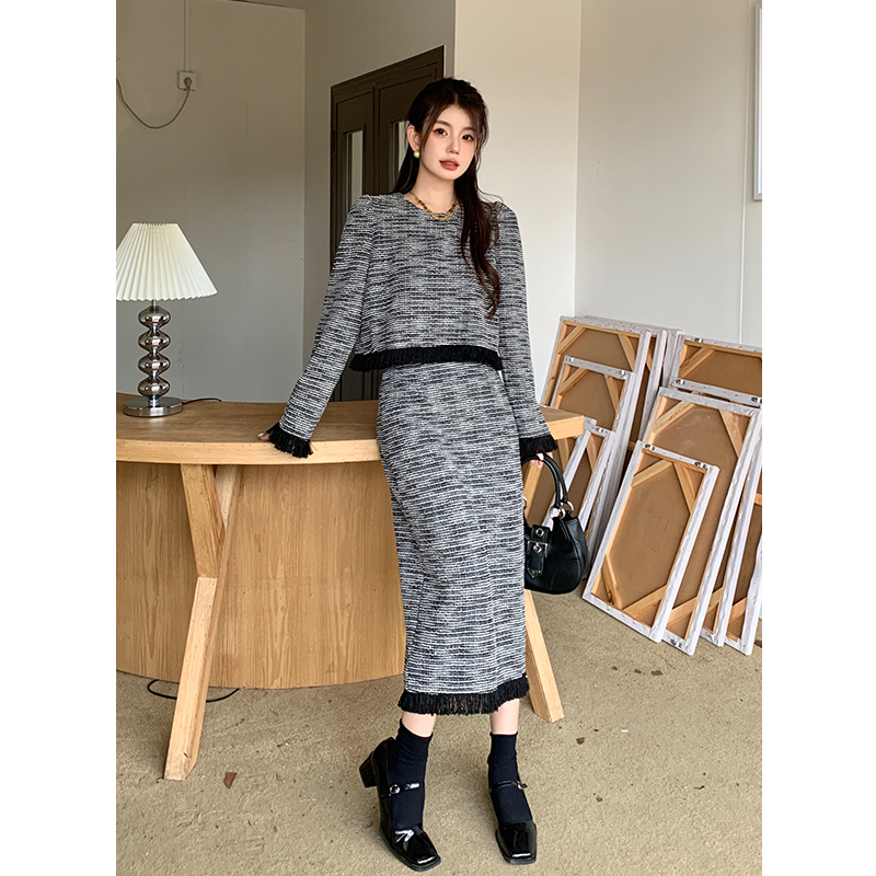 實拍 2024春季新款法式優雅小香風上衣+半身裙兩件套女時尚套裝