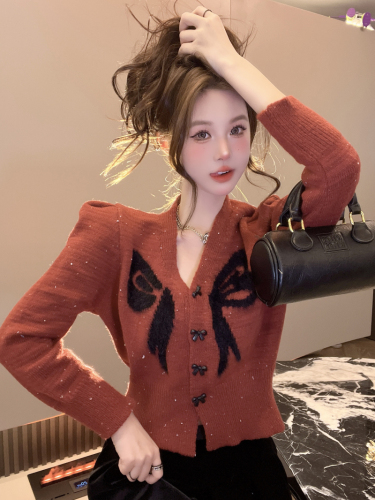 Real shot~Autumn and winter new Korean style bow V-neck sequined puff sleeves thickened sweet sweater cardigan