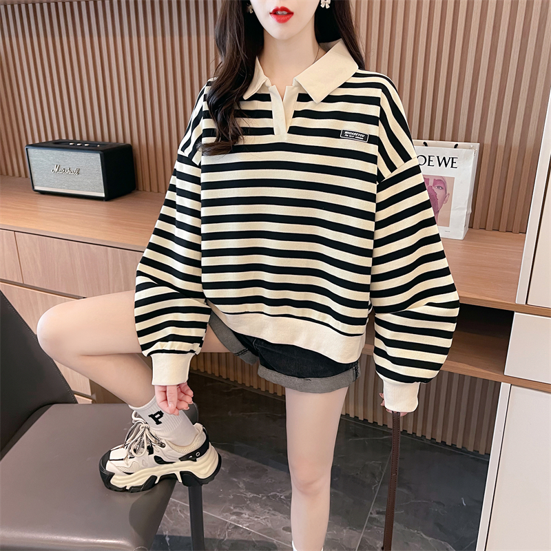 Actual shot of 2024 spring Korean style loose back bag collar twill POLO collar striped large size thin sweatshirt for women