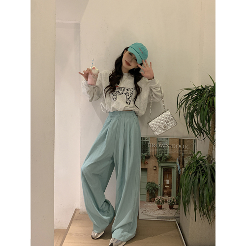 Actual shot!! 2024 new loose slimming wide-leg pants elastic high-waisted straight solid color casual pants for women