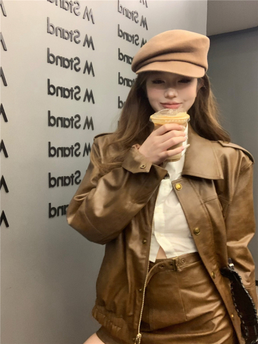 Real shot of retro sexy autumn clothing new imitation leather retro coffee color PU leather jacket jacket skirt suit for women