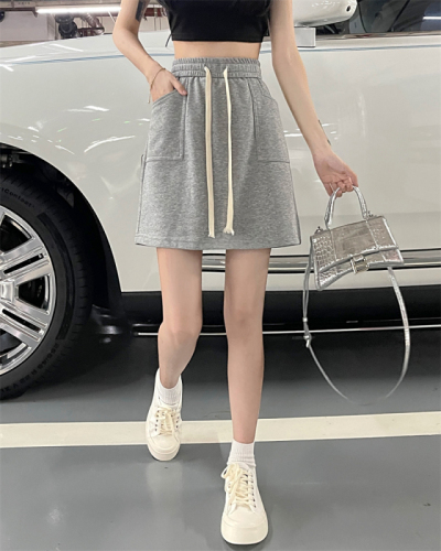Real shot of new summer loose casual slim A-line all-match drawstring skirt skirt for women