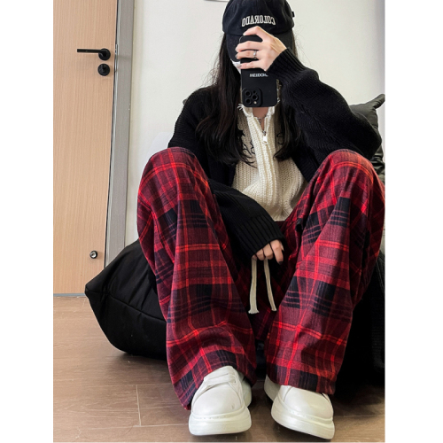 Brushed original fabric plaid trousers for women in spring, autumn and winter new style high-waisted loose casual slimming wide-leg trousers