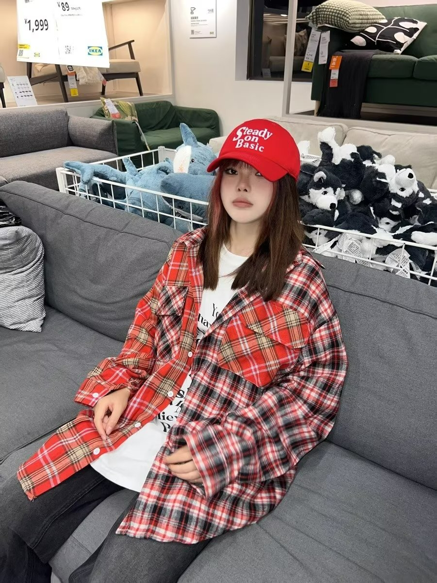 美式高街拼接格子長袖襯衫女秋季復古撞色休閒襯衣嘻哈情侶外套潮