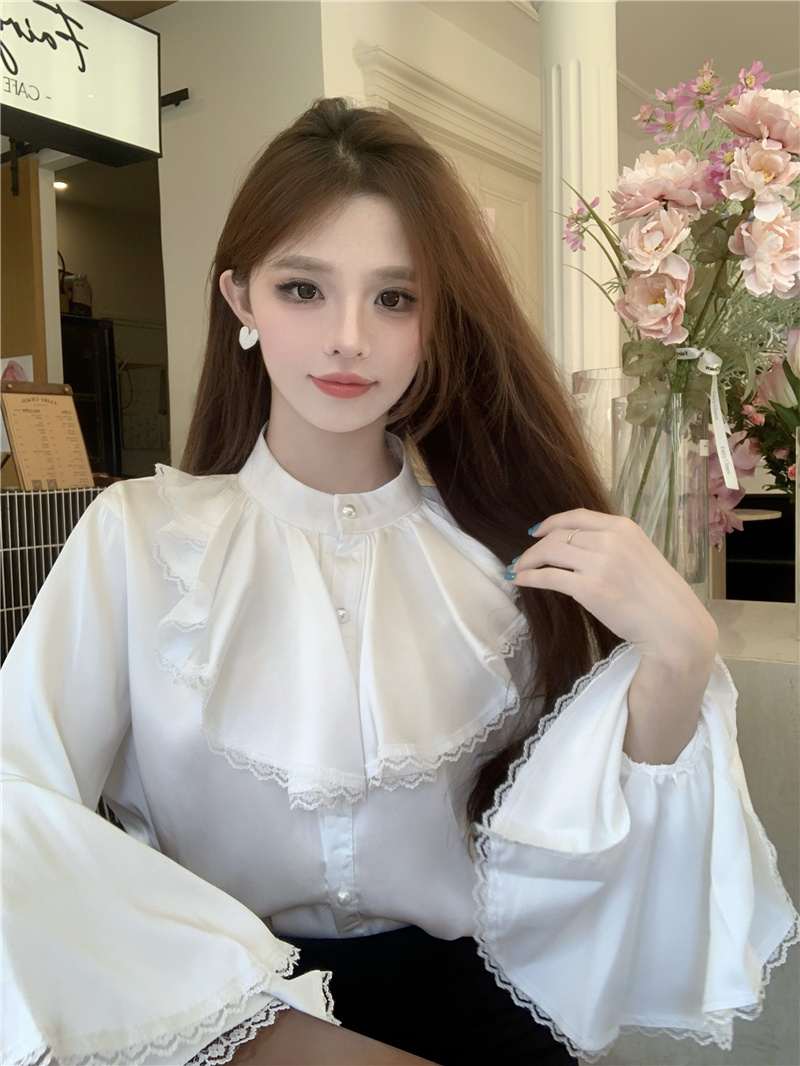 Actual shot of retro temperament trumpet sleeves stand-up collar satin shirt French design loose shirt for women
