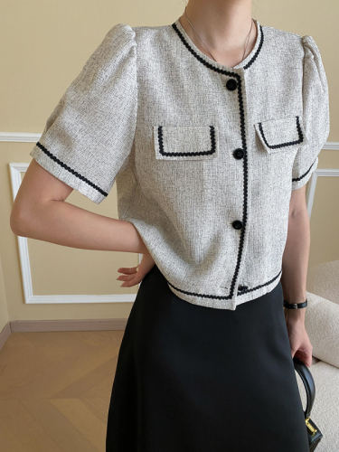 2024 Spring and Summer New Light Luxurious Round Neck Small Fragrant Style Short Sleeve Jacket Women's Small Thin Suit Top