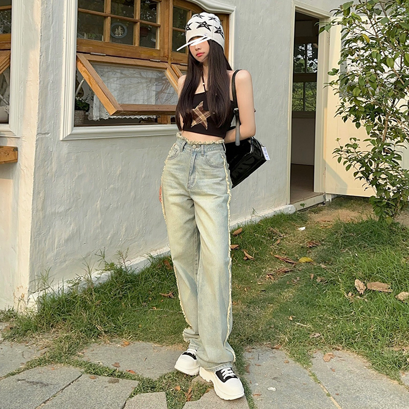 Actual shot of retro nostalgic blue-green raw edge wide-leg floor-length jeans, trousers & extensions XS-XL