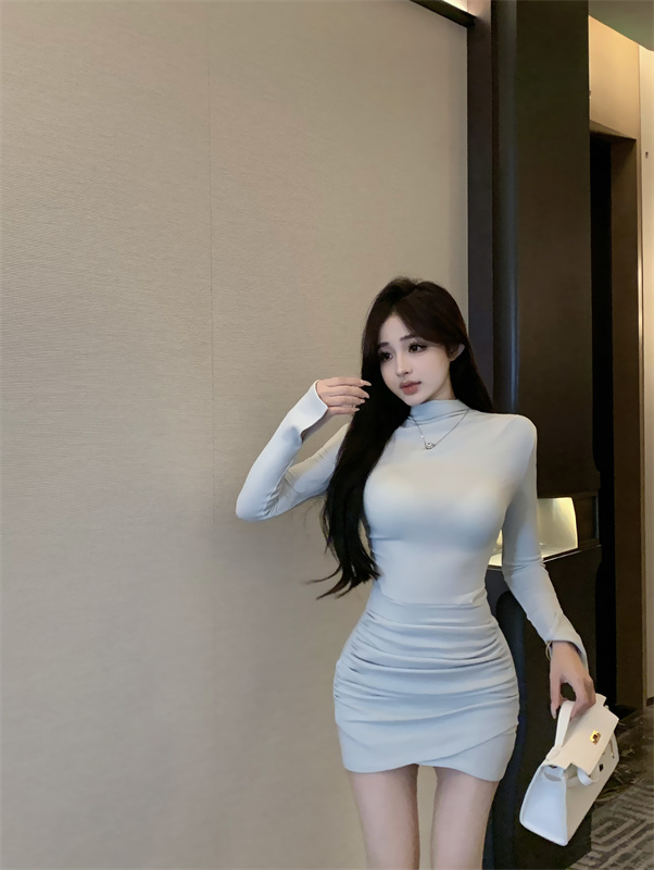 半高領長袖連衣裙女秋冬季性感純欲褶皺包臀短裙子緊身內搭打底裙