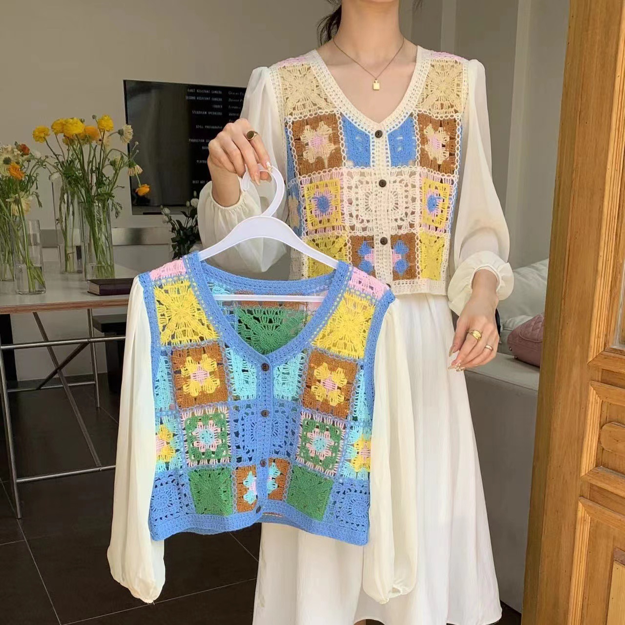 2024 spring new style French shirt for women with design hollow crochet stitching chiffon long-sleeved top for women