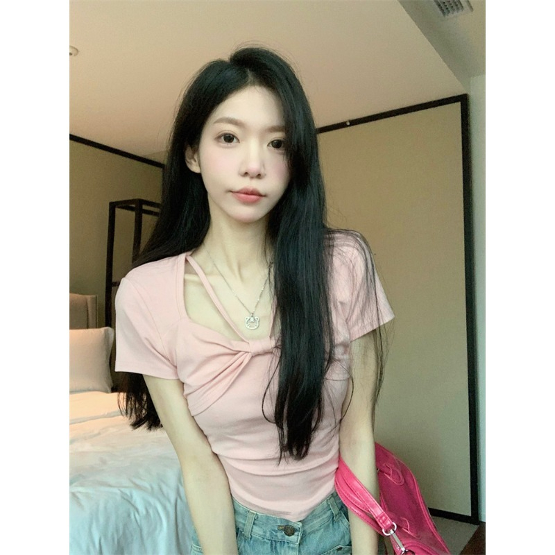 官圖 純欲風蝴蝶結交叉粉色短袖T恤女裝夏季修身顯瘦短款上衣