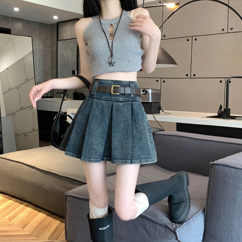 Actual shot of 2024 spring and summer new retro denim pleated skirt high-waisted slim A-line design skirt short skirt