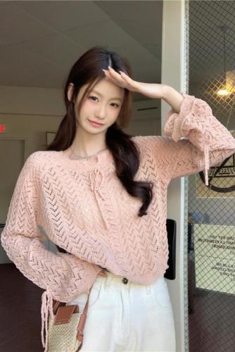 Real shot Spring new style~2024 Korean style lazy style sweet hollow sun protection sweater