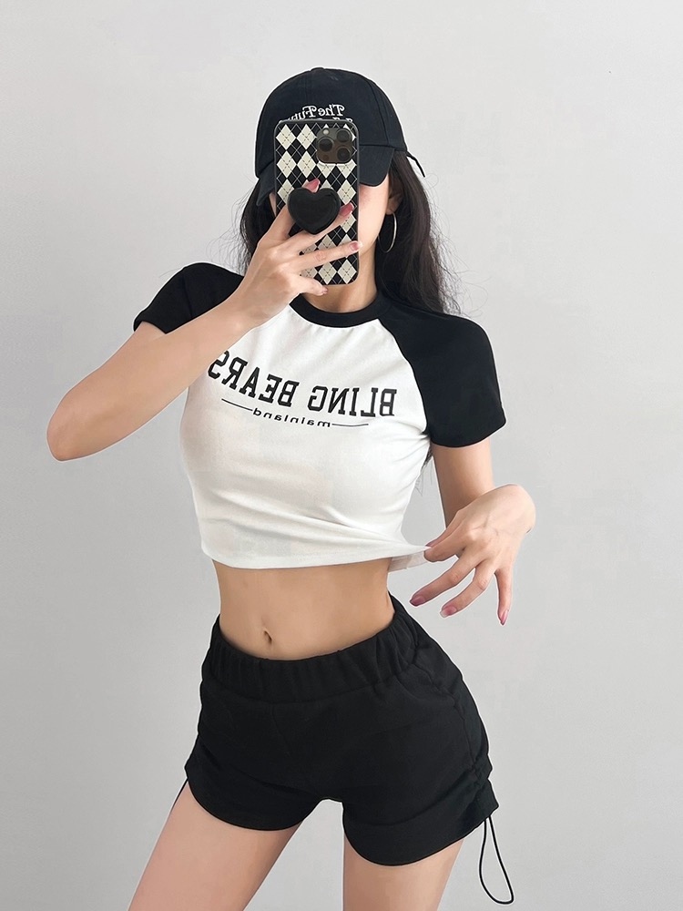 美式字母撞色短袖T恤女辣妹超短款高腰露臍修身緊身拼色打底上衣