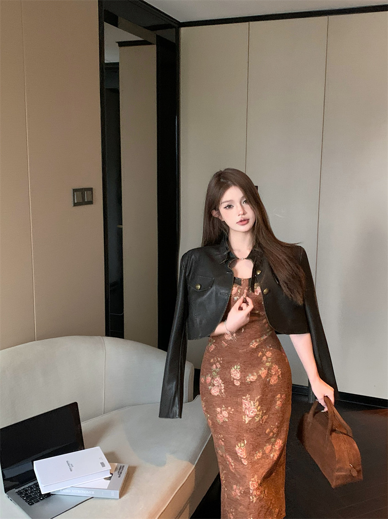 Real shot American retro motorcycle PU leather jacket coat jacquard suspender dress two-piece set