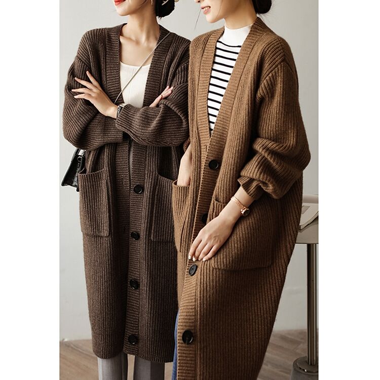 Thick yak velvet knitted cardigan jacket for women autumn retro loose lazy style mid-length sweater outer layer