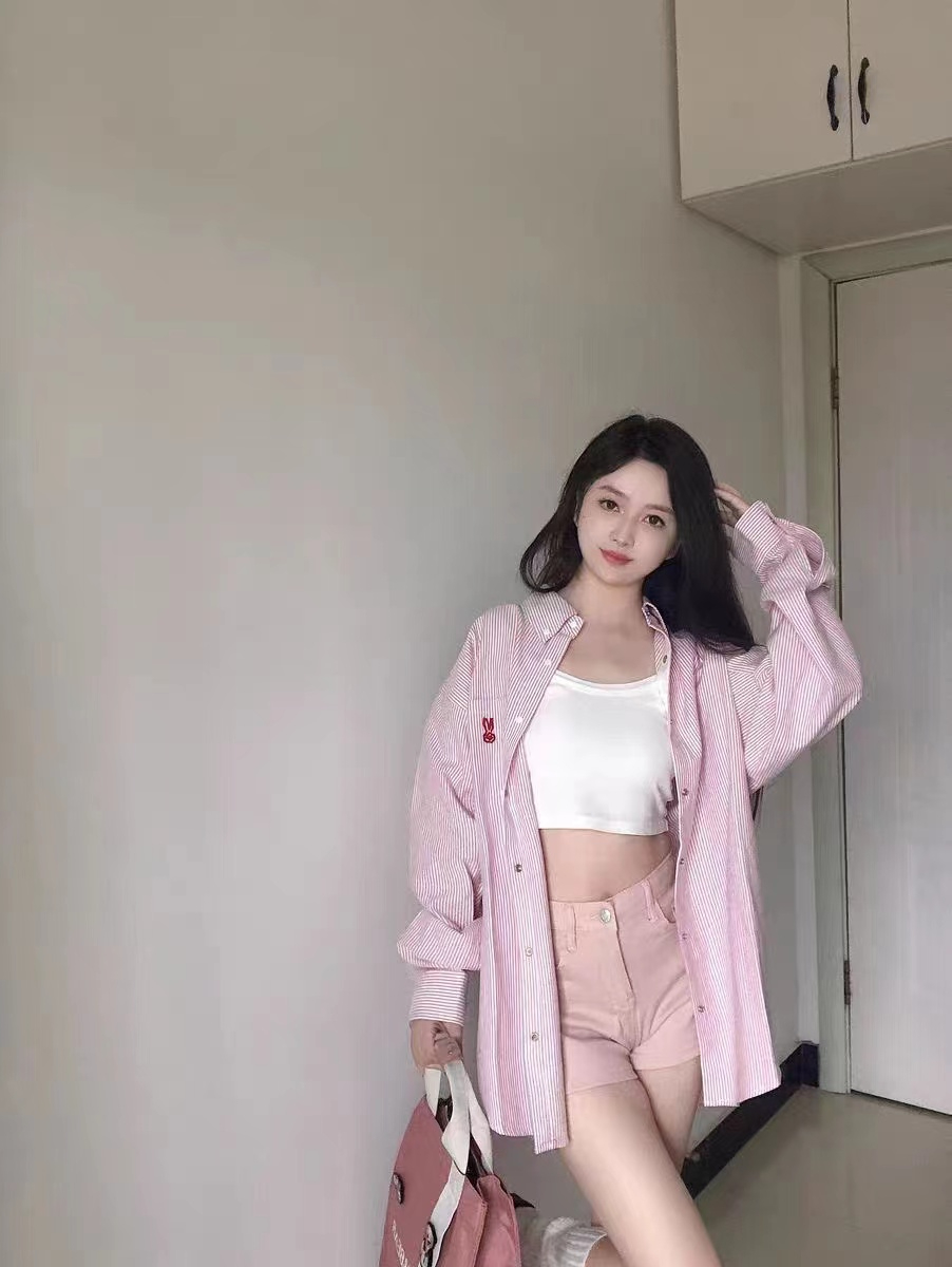美式粉色Polo領條紋襯衫女中長款開衫外套寬鬆設計感襯衣女