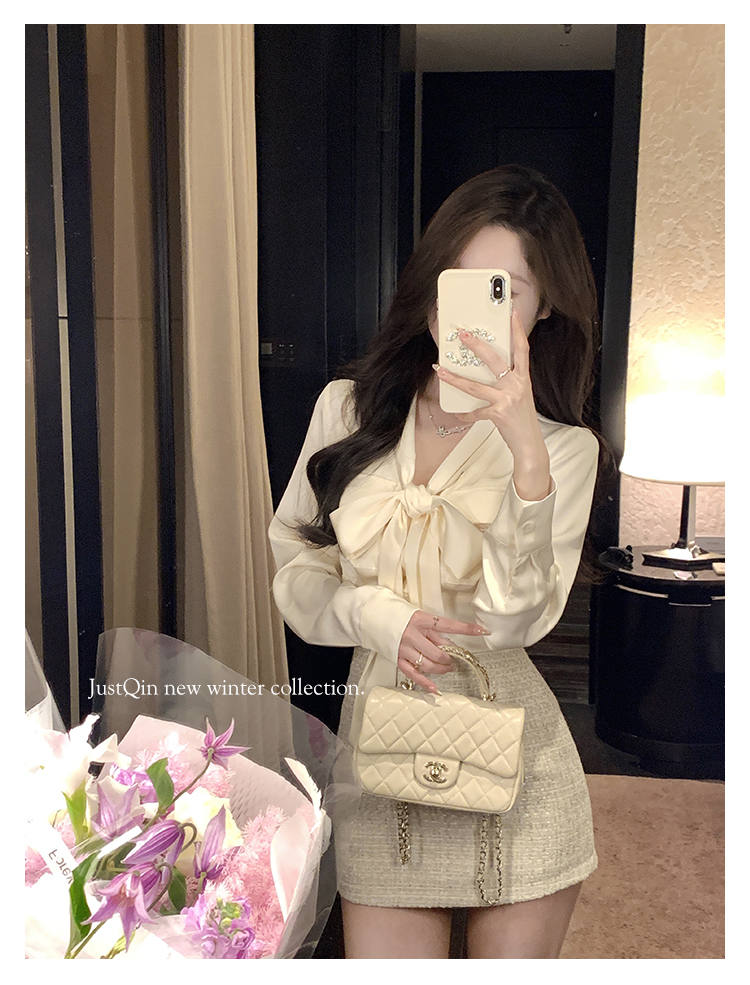 2024春季新款女裝氣質性感緞面設計感飄帶收腰襯衫高腰半身裙套裝