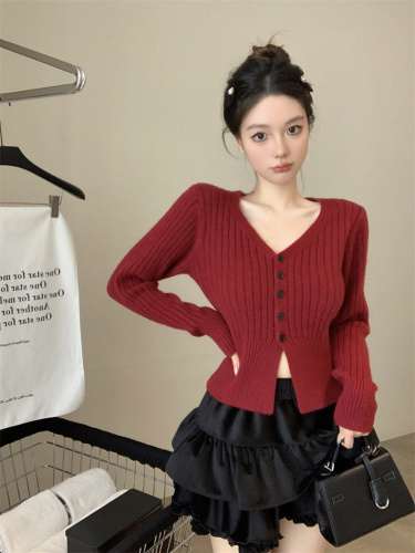 Actual shot of new casual and versatile Korean style V-neck single-breasted breathable knitted cardigan sweater tops for women