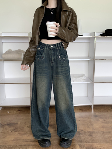 Actual shot of 2024 spring new women's high-waisted denim washed nostalgic wide-leg pants slimming denim trousers