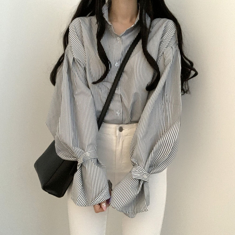Size update ins spring Korean design niche pinstripe loose shirt women's simple versatile top
