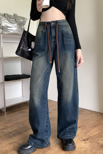 Real shot of drawstring jeans for women 2024 spring retro casual wide-leg trousers with slimming straight-leg pants