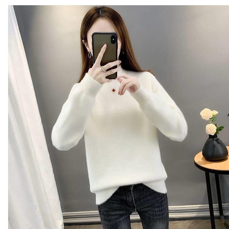 半高領純色水貂絨毛衣女打底衫2024秋冬新款套頭加厚針織衫上衣潮