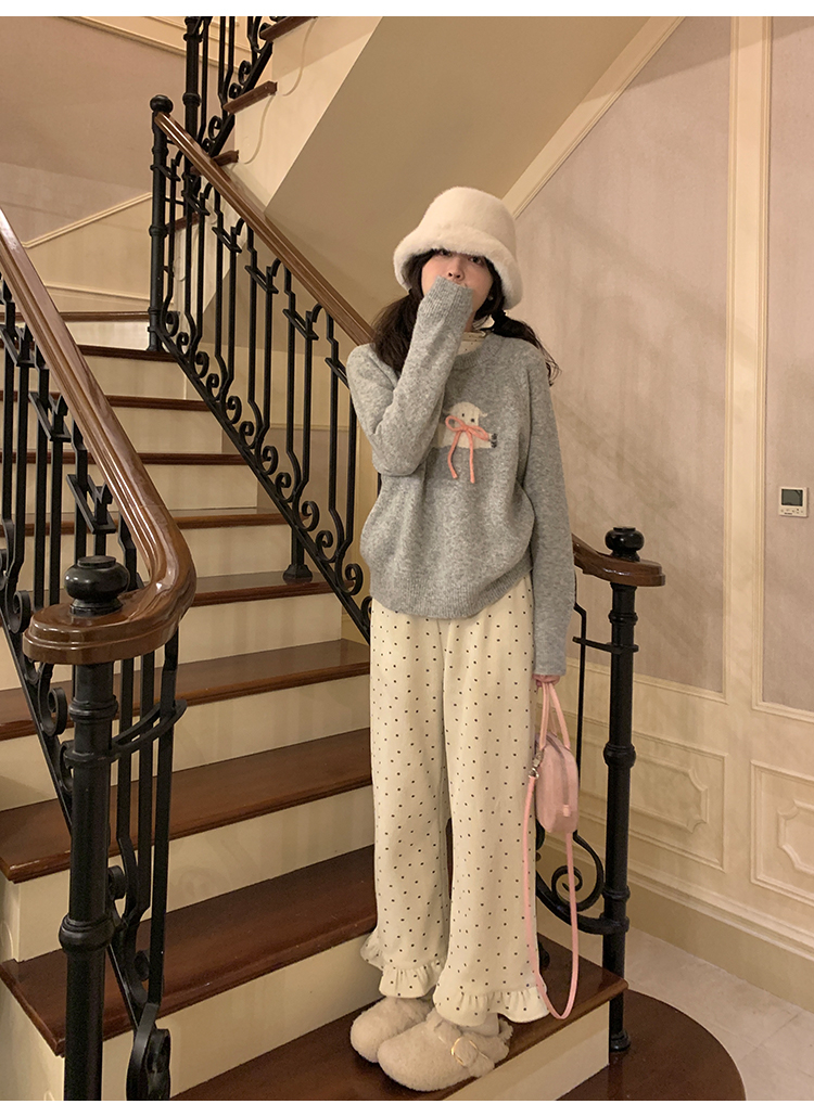 1435# Autumn and winter velvet thickened high-waist straight printed corduroy lace casual pants for women loose wide-leg trousers