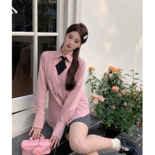 Actual shot single-breasted shirt and tie detachable early spring new women's all-match lapel top