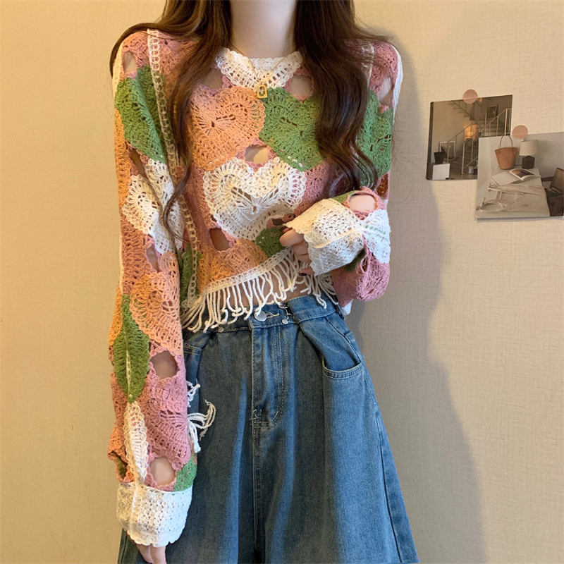 Actual shot of the new Korean style crocheted hollow tassel loose knitted sweater top