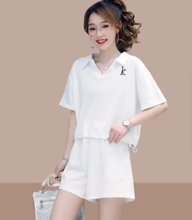 休閒時尚套裝女2024年夏季新款V領Polo衫上衣運動短褲兩件套潮