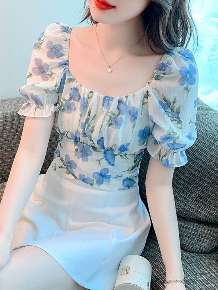 碎花方領短款露臍襯衫女2024夏季新款一字肩泡泡袖系帶蝴蝶結上衣