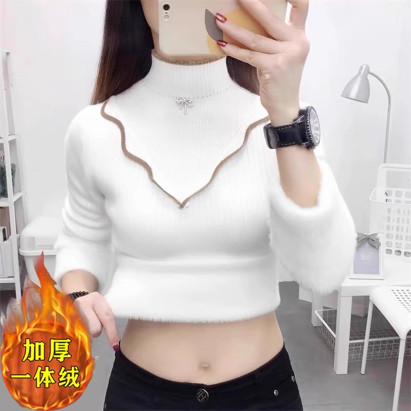 年加厚一體絨毛衣女秋冬新款加絨打底衫洋氣內搭半高領保暖衣