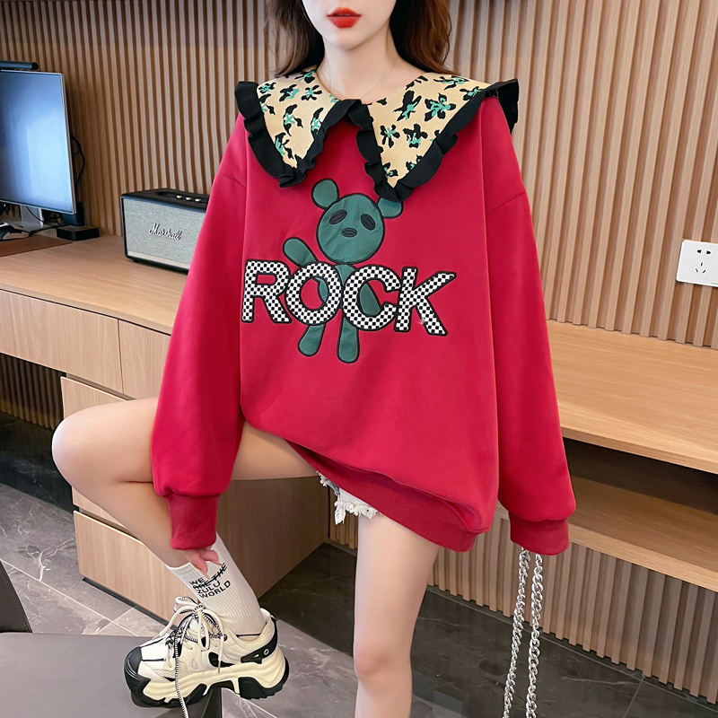 實拍2024春裝純棉華棉復牛奶絲300克刺繡娃娃領薄款衛衣女
