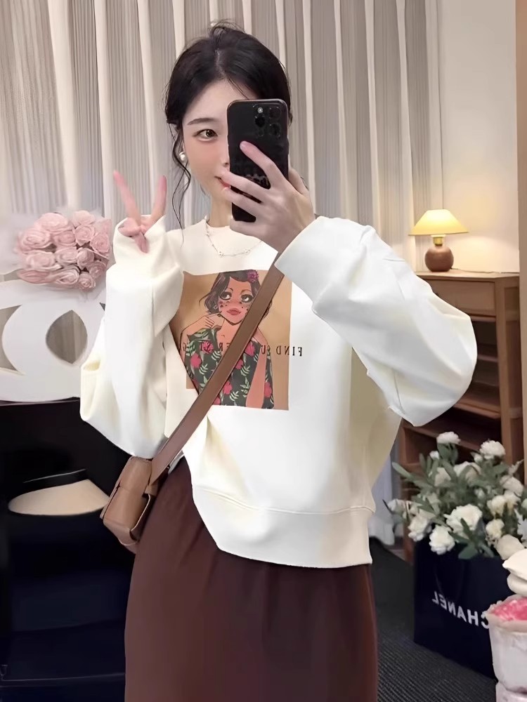 秋冬季杏色加絨圓領衛衣女新款慵懶風印花寬鬆短款洋氣上衣