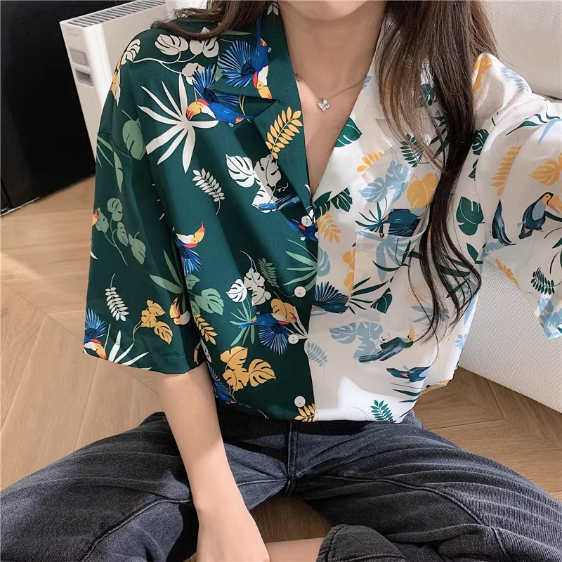 Real shot 2024 new design niche summer clothing retro Hong Kong style printed loose short-sleeved top