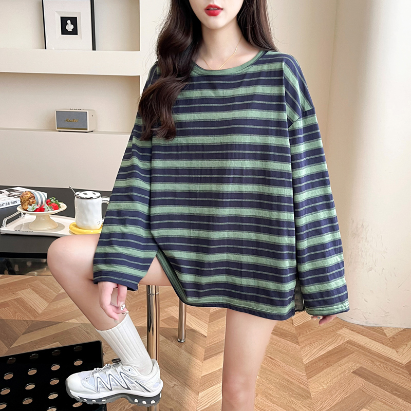 Real shot-2024 spring original quality large size women's striped long-sleeved t-shirt women's bottoming shirt