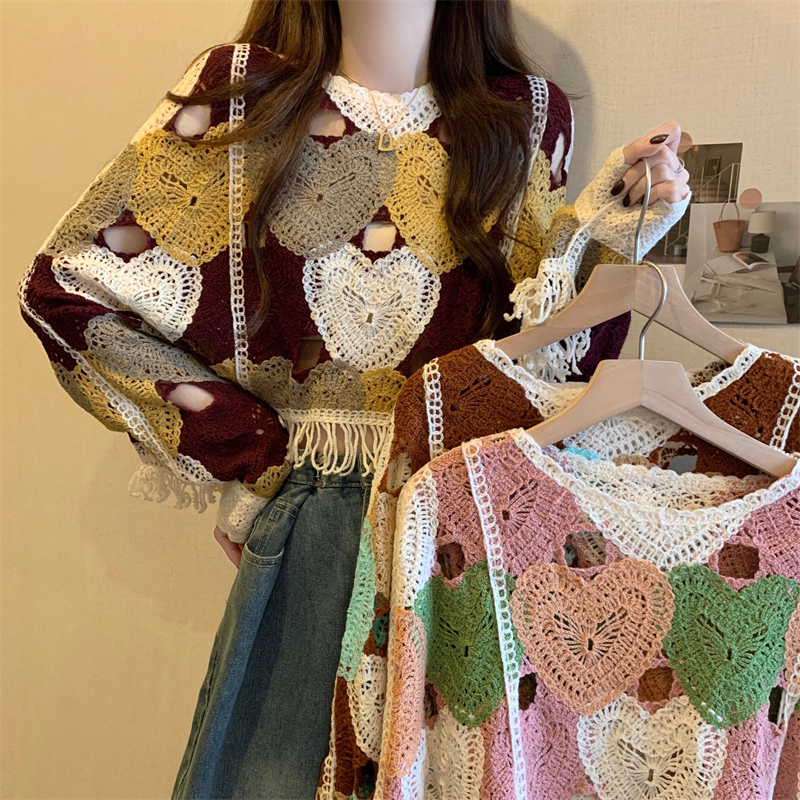 Actual shot of the new Korean style crocheted hollow tassel loose knitted sweater top