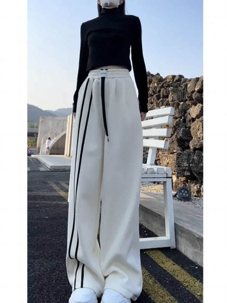 Fashionable striped lazy wide-leg pants, new style women's high-end spring and autumn casual straight pants, high-waist drape pants