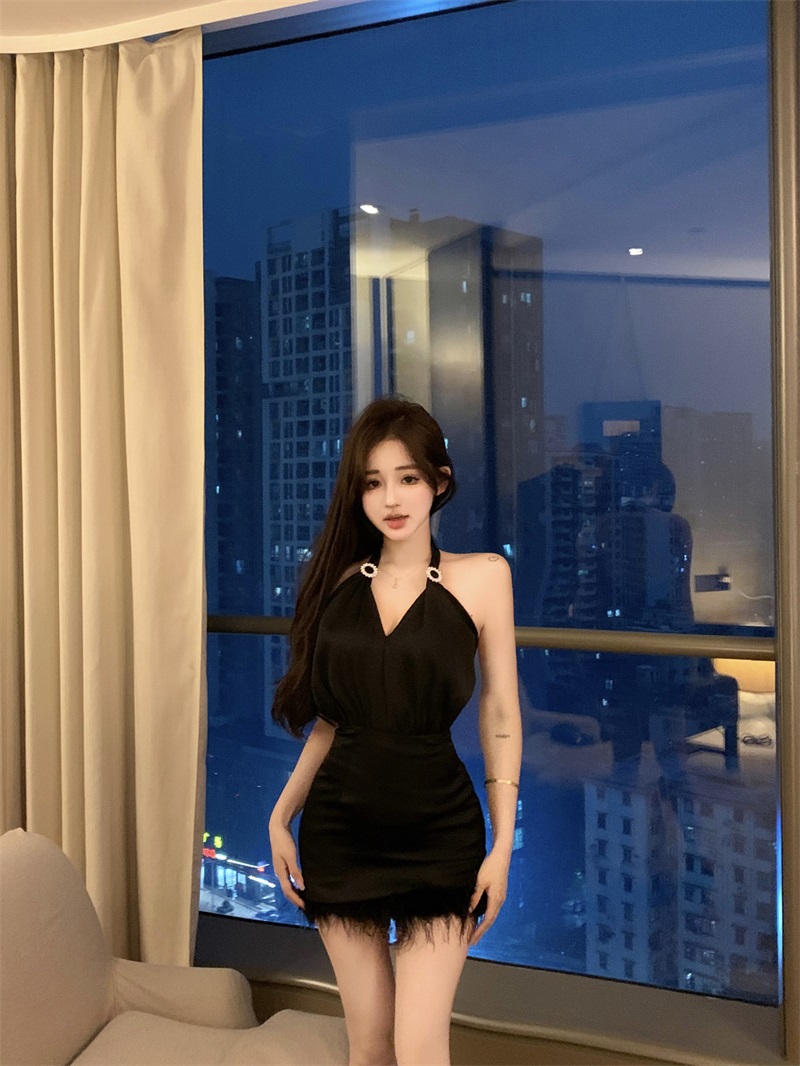Real shot of Scarlett's double-sided satin ostrich feather black backless halterneck sleeveless dress