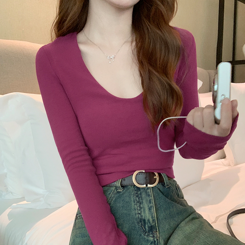 Real photos of short niche U-neck slim fit versatile bottoming shirt for women spring 2024 new long-sleeved T-shirt