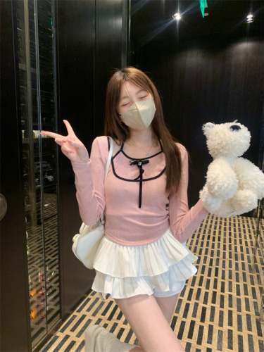 Real shot of fake two-piece halterneck knitted T-shirt pure desire ballet style pink bottoming shirt slim long-sleeved top
