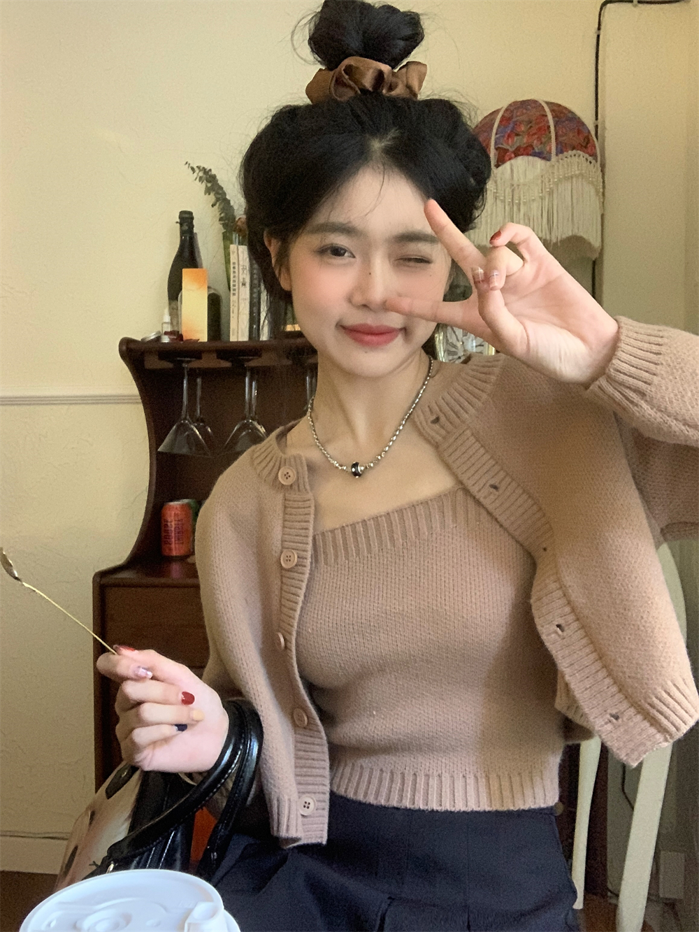 Real shot early spring knitted cardigan jacket women's top long-sleeved lazy style sweater suspender two-piece set