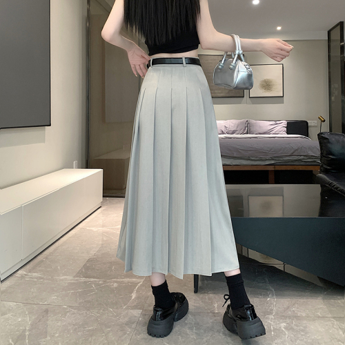 Real shot 2024 gray suit skirt small mid-length pleated skirt high waist slim drape A-line skirt