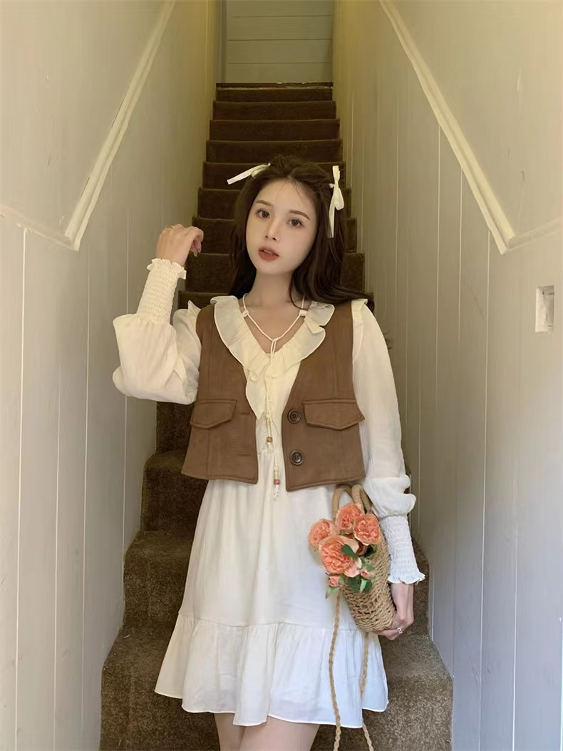 復古港風休閒套裝女裝疊穿馬甲背心小眾秋季長袖寬鬆連衣裙兩件套