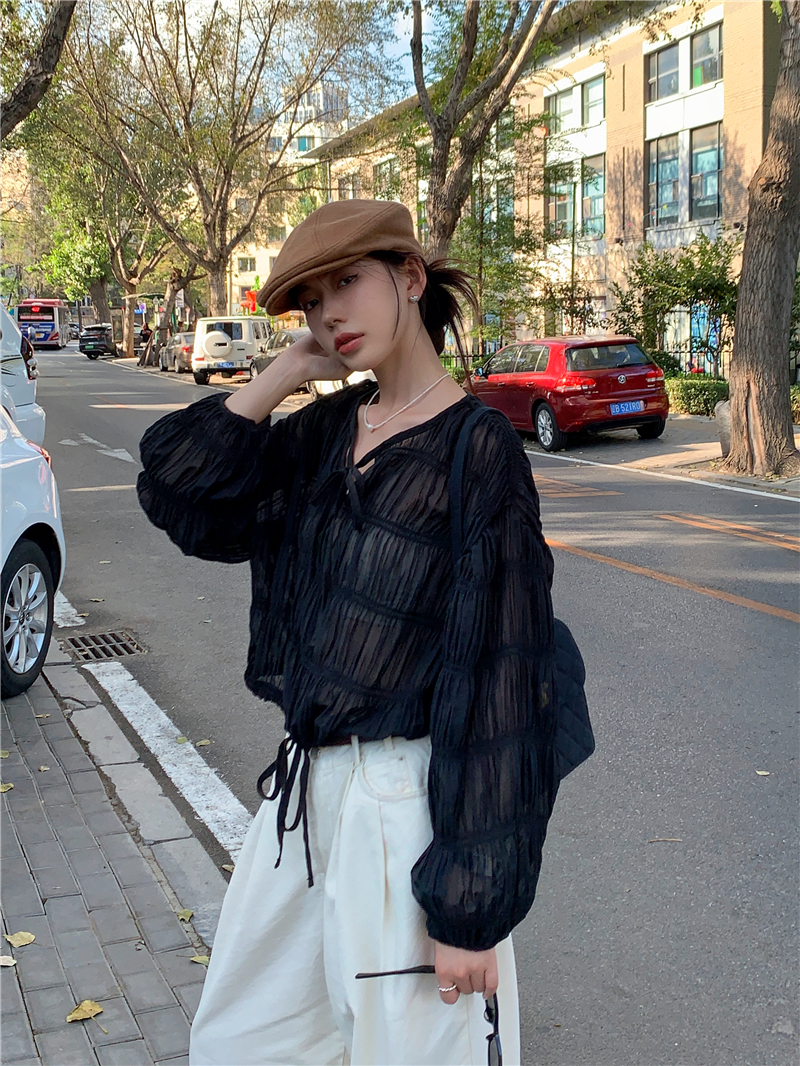 Real shot Korean original order~customized wrinkled temperament versatile lace-up shirt