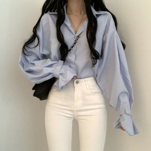 Size update ins spring Korean design niche pinstripe loose shirt women's simple versatile top